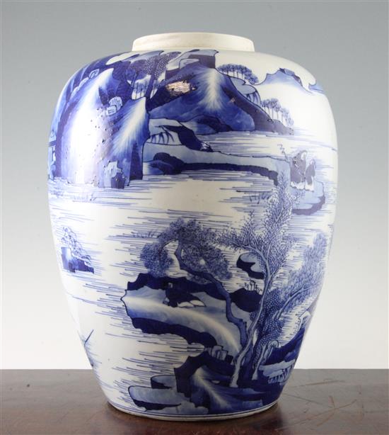 A large Chinese blue and white ovoid jar, in Kangxi style, 36.5cm.